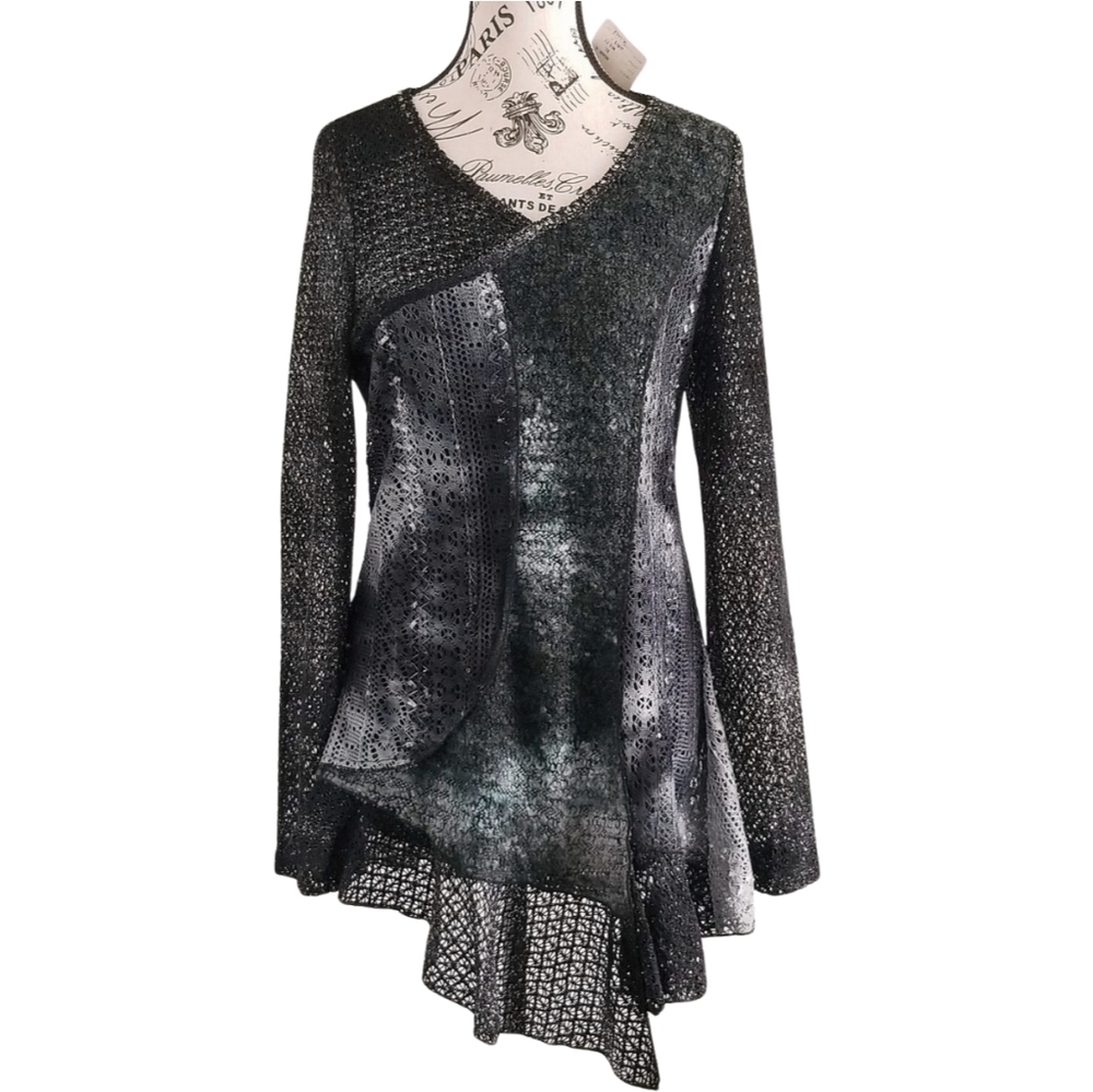 Y2K Grey Asymmetrical Patchwork Mesh Knit Tie Dye Tunic Fairy Grunge Medium